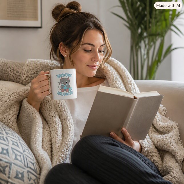 Bokfläsk kattälskare och bokorm kaffemugg (A mug with a cute cat reading a book and enjoying tea along with the words Book Bunch.)