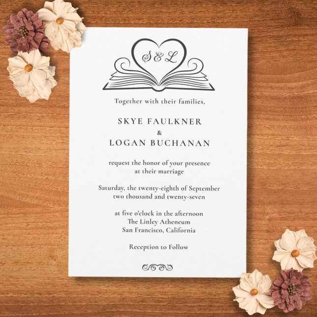 Bokhjärtat Monogram Litterära Biblioteksbröllop Inbjudningar (Elegant book heart  monogram wedding invitation. )