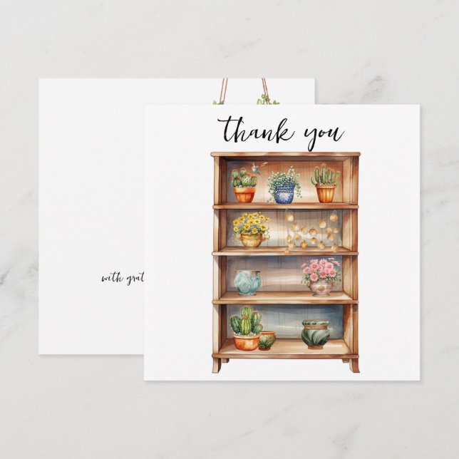 Bokhyllor med Cute Plants and Garden Features Julkort (Fram/baksida)