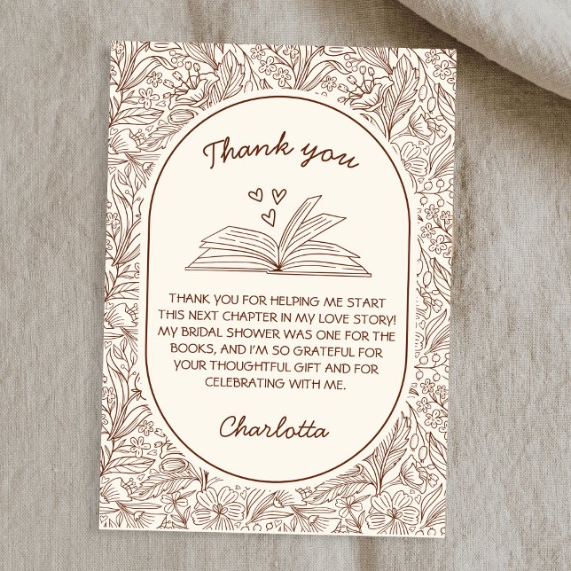 Bokklubbstema Blommig Brun Bröllopsdusch Tack Kort (Book Club Theme Floral Brown Bridal Shower Thank You Card)