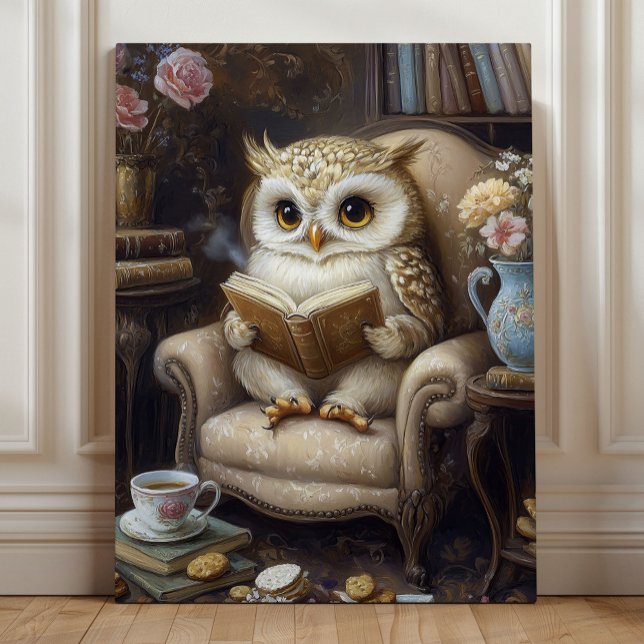 Boklig Ugglas i Biblioteket – Whimsisk Läs Ugglas Canvastryck (Bookish Owl in the Library – Whimsical Reading Owl Art by Nicole Cossairt)