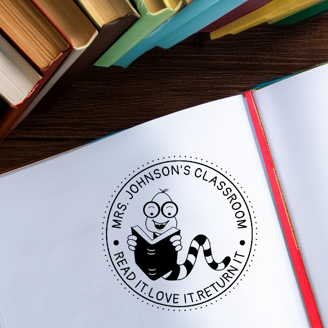 Bokmask Bibliotek Lärare Klassrum Stämpel (Bookworm Library Teachers Classroom Rubber Stamp)