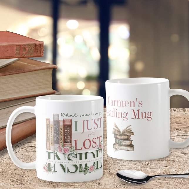 bokningstema för Personlig av tema i romantik Kaffemugg (Pink floral roses and romance theme bookish book lovers personalized coffee mug for birthday gifts)