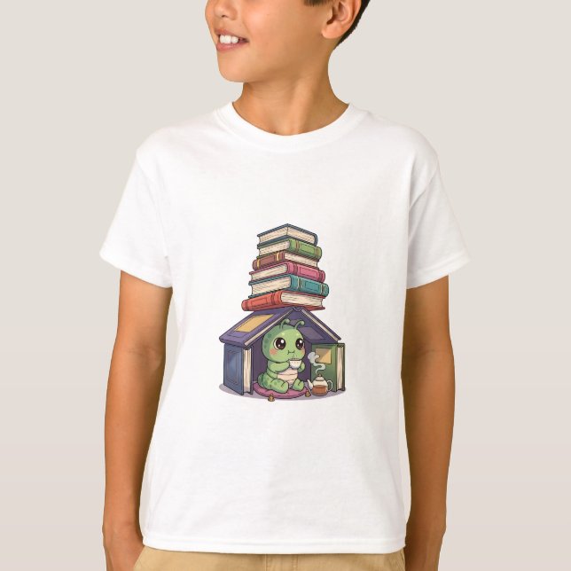 Bokorm Läsning i Bokstapel Hus Barn T Shirt (Framsida)