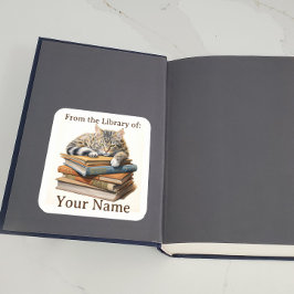 Bokplåt med katt på Bokar Fyrkantigt Klistermärke