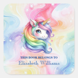 Bokskylt för eget namn för Cute Rainbow Unicorn Fyrkantigt Klistermärke