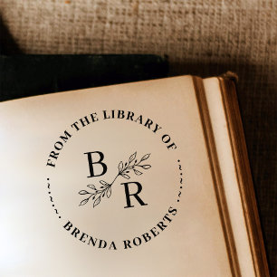 Bokskylt för elegant Round Botanical Initialer Bib Självfärgande Stämpel