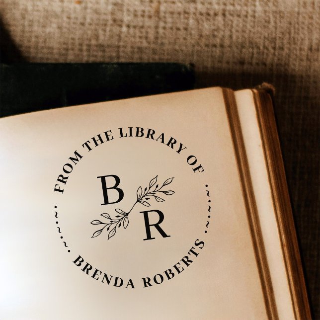 Bokskylt för elegant Round Botanical Initialer Bib Självfärgande Stämpel (Skapare uppladdad)