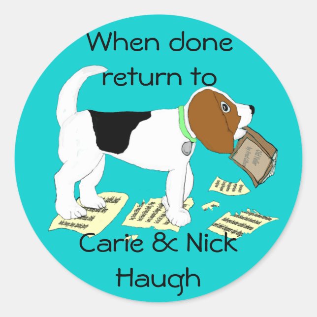 Bokskylt för tuggbeagle runt klistermärke (Framsida)