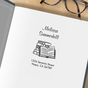 Bokstapel och öppen bok adress exlibris stämpel