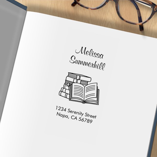 Bokstapel och öppen bok adress exlibris stämpel (Skapare uppladdad)