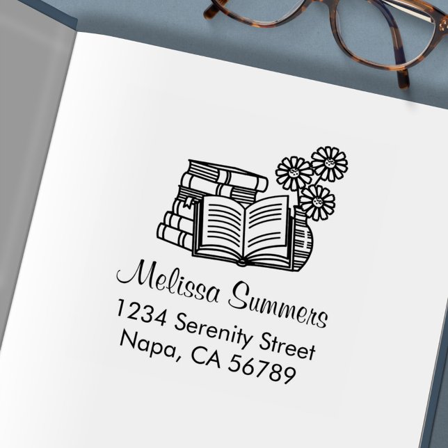 Bokstapel, Öppen bok, Blommor - Adress Självfärgande Stämpel (Skapare uppladdad)