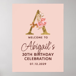 Bokstav A Guldmonogram Rosa Rosor Välkommen Poster