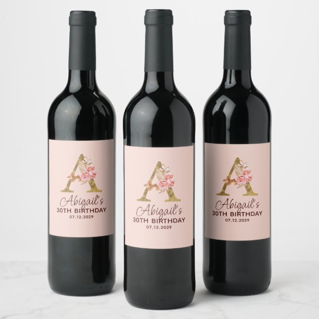 Bokstav A Guldmonogram Rosa Rosor Vinflaska Etikett (Flaskor)