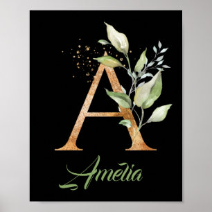 Bokstav A monogram grönska eukalyptus guld svart Poster