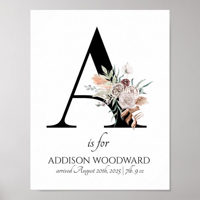 Bokstav A Ny Bebis Blommig Monogram Födelse Poster (Framsidan)