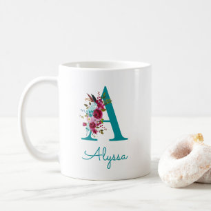 Bokstav A Turkos Rosa Blommig Kaffemugg
