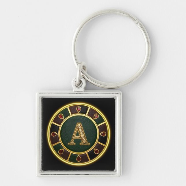 Bokstav A, utsmyckad monogrammedaljong Fyrkantig Silverfärgad Nyckelring (Framsidan)