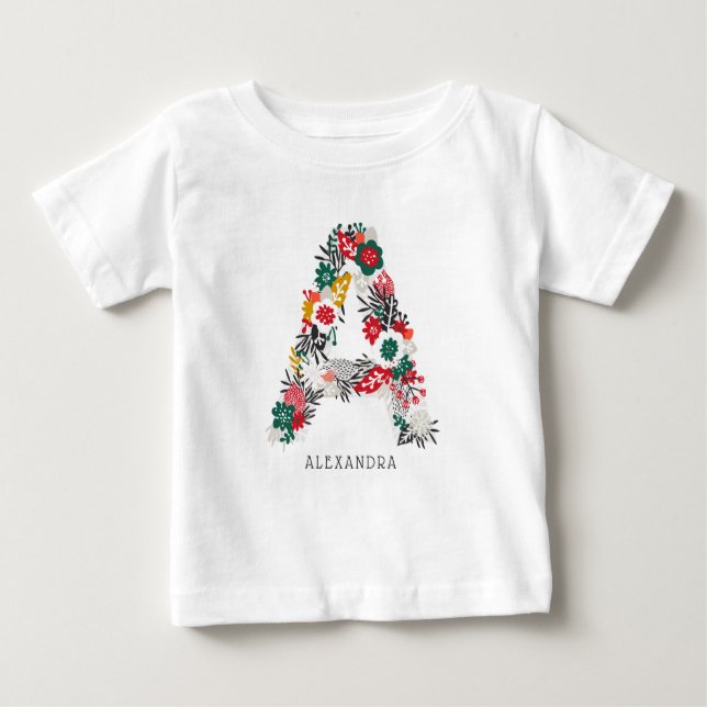 Bokstav A | Whimsisk blomstermönster bokstavsmonog T-shirt (Framsida)