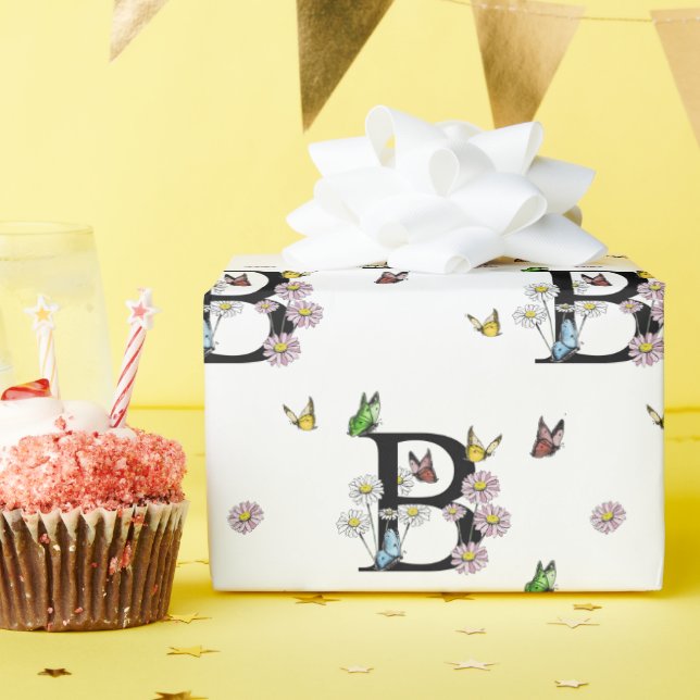 Bokstav B Blommig Vattenfärg Fjäril Monogram    Presentpapper (Födelsedagsfest)