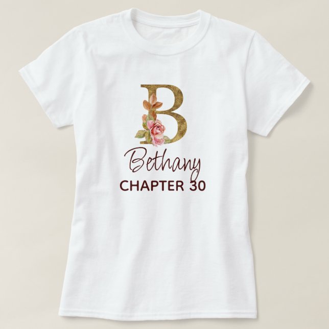 Bokstav B Guld Monogram Rosafärgade Rosor Födelsed T Shirt (Design framsida)
