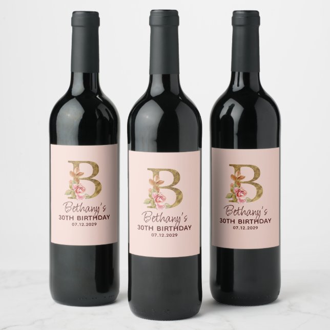 Bokstav B Guldmonogram Rosa Rosor Vinflaska Etikett (Flaskor)
