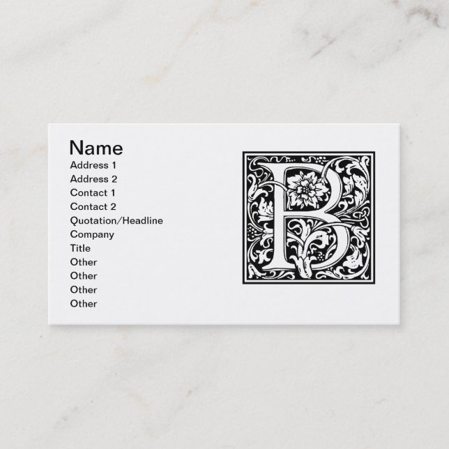 Bokstav B Medeltida Monogram Art Nouveau Visitkort (Framsida)