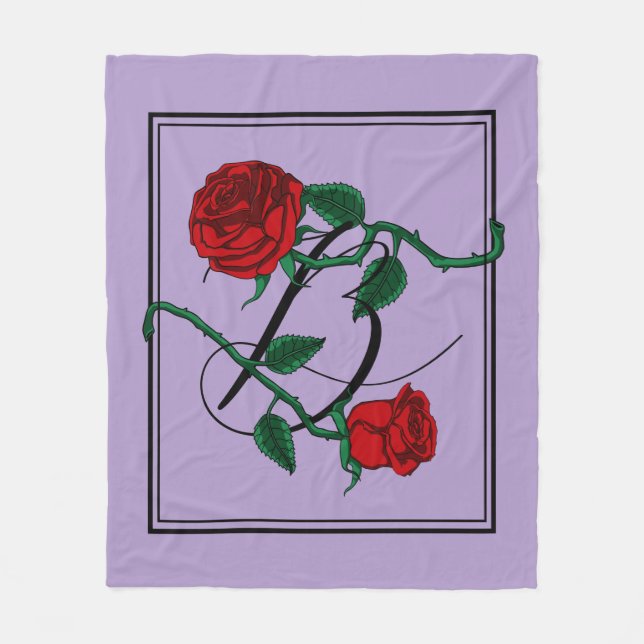 Bokstav B Monogram med röda rosor Lavendel Fleecefilt (Framsidan)