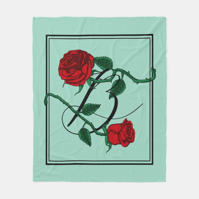 Bokstav B Monogram med röda rosor Ljusgrön Fleecefilt (Framsidan)