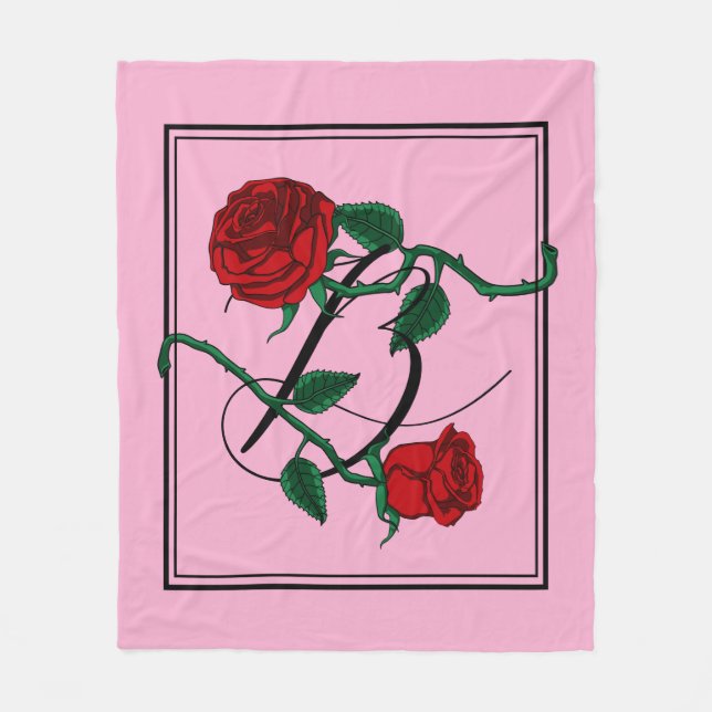 Bokstav B Monogram med röda rosor rosa Fleecefilt (Framsidan)