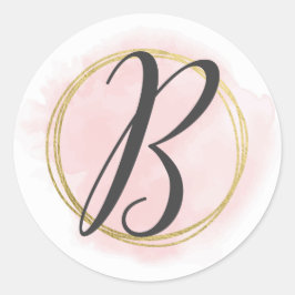Bokstav B Monogram Rosé Rosa Vattenfärg Guld Chic Runt Klistermärke