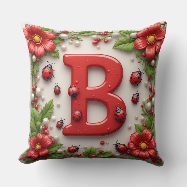 🐞 Bokstav B Röda Nyckelpigor Vallmo Pärlor Kudde (Framsida)