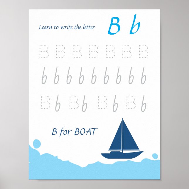 Bokstav B Spårningsaffisch för Barn | B är för Båt Poster (Framsidan)