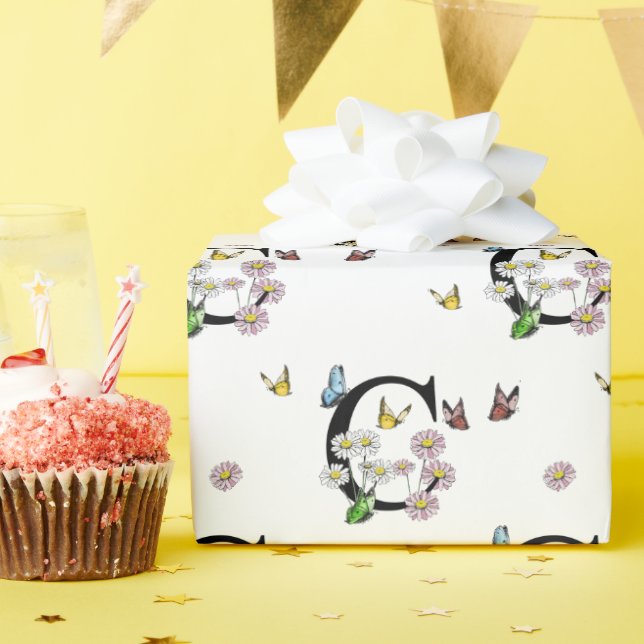 Bokstav C Blommig Akvarell Fjäril Monogram   Presentpapper (Födelsedagsfest)