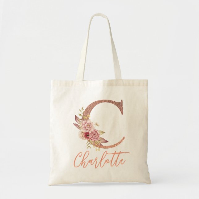 Bokstav C Blush rosa glitter blomster monogram  Tygkasse (Framsidan)