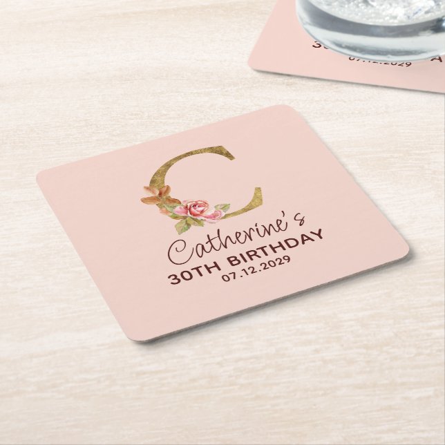 Bokstav C Guldmonogram Rosa Rosor Underlägg Papper Kvadrat (Vinklad)
