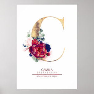 Bokstav C Monogram Blommig Marinblå och Burgunder Poster
