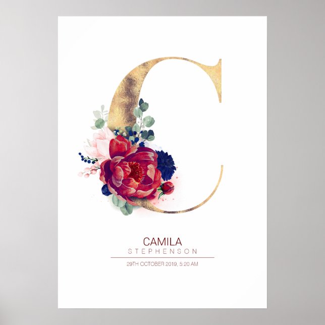 Bokstav C Monogram Blommig Marinblå och Burgunder Poster (Framsidan)