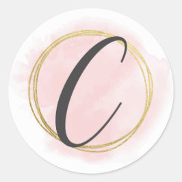 Bokstav C Monogram Rosé Rosa Vattenfärg Guld Chic Runt Klistermärke