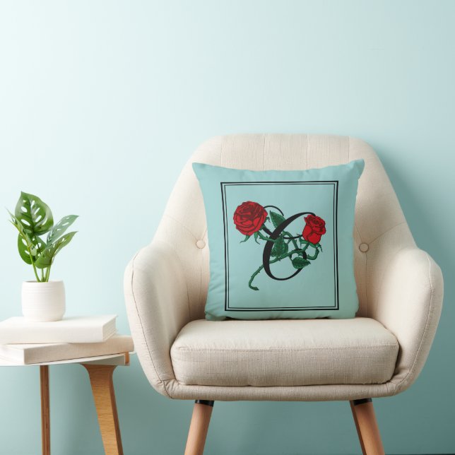 Bokstav C Skript Monogram med Röda Rosor Turkos Kudde (Stol)