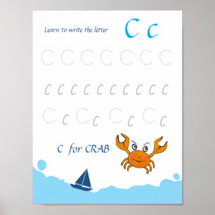 Bokstav C Spårning Poster för Barn   C är för Krab