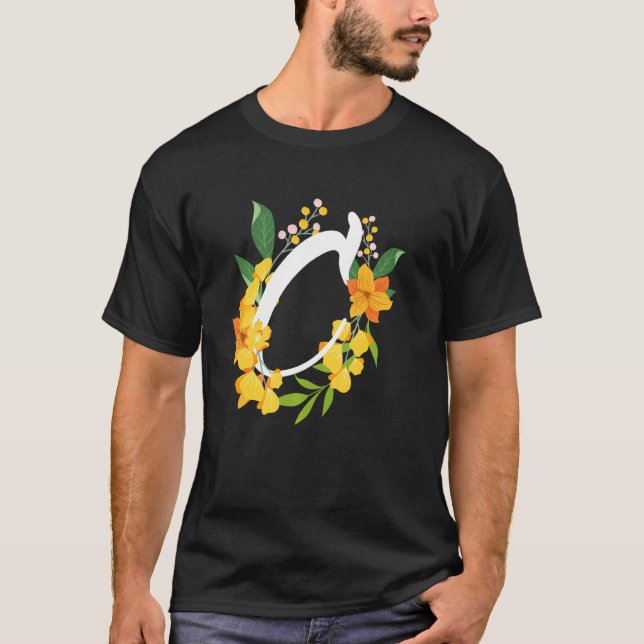 Bokstav C Stor Alfabet Blommor Monogram Initial T Shirt (Framsida)