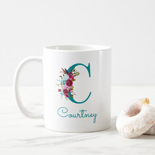 Bokstav C Teal Rosa Blommig Kaffemugg (Med munk)