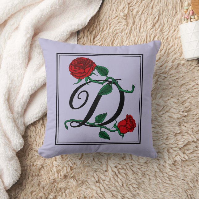Bokstav D Monogram med röda rosor lila Kudde (Filt)