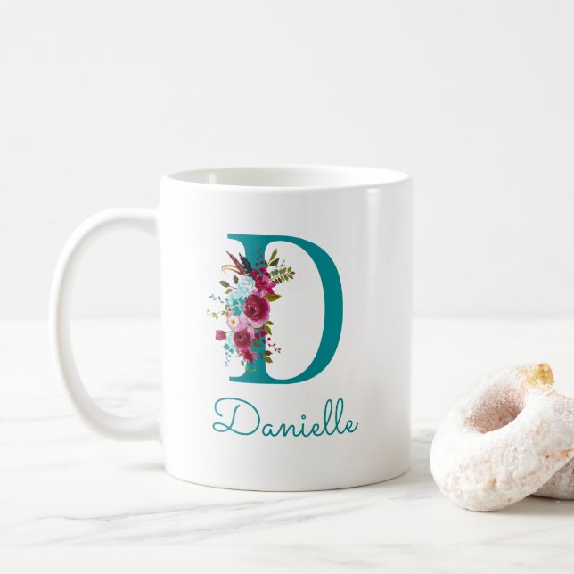 Bokstav D Turkos Rosa Blommig Kaffemugg (Med munk)