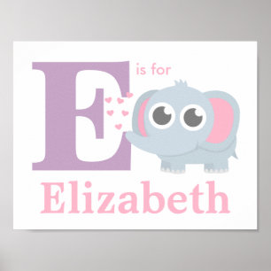 Bokstav E Baby Elefant Med Kärlek Flickrum Dekorat Poster