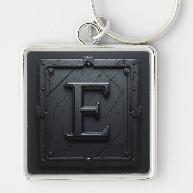 ⚔️ Bokstav E Gotisk Monogrampresent För Honom 🔑 Fyrkantig Silverfärgad Nyckelring (Framsidan)