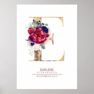 Bokstav E Monogram Blommig Marinblå och Burgunder Poster