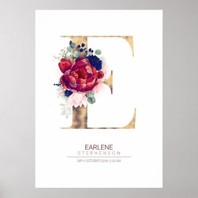 Bokstav E Monogram Blommig Marinblå och Burgunder Poster (Framsidan)