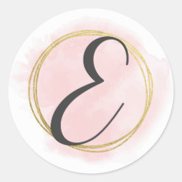 Bokstav E Monogram Roséblommor Rosa Akvarell Guld  Runt Klistermärke